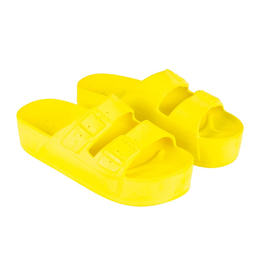 sandale compensée jaune fluo femme vue de trois quart