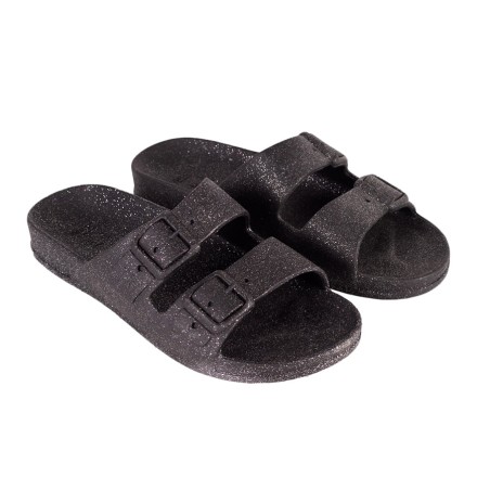 sandales noires à paillettes cacatoès vue de trois quart
