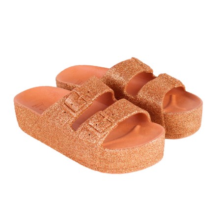 sandale à paillette orange compensée femme vue de trois quart