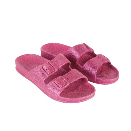sandale rose à paillettes cacatoès vue de trois quart