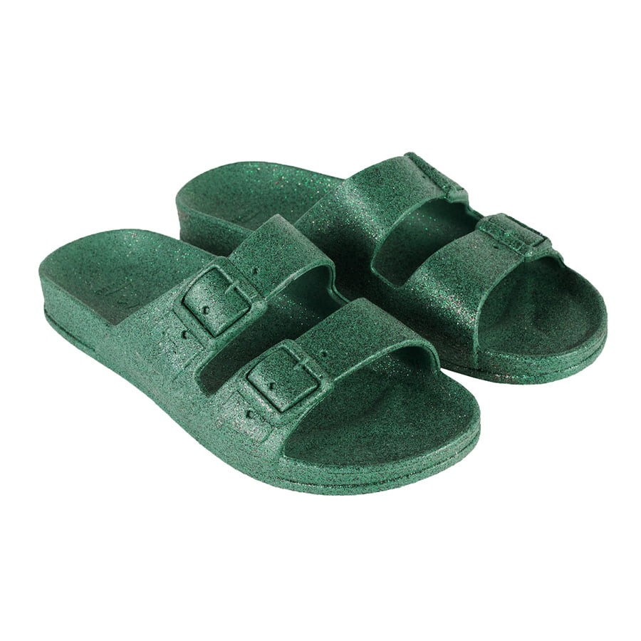sandale verte à paillettes cacatoès vue de trois quart