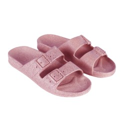 sandale rose poudrée à paillettes cacatoès vue de trois quart