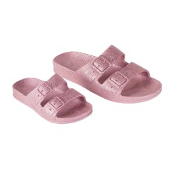 sandale rose poudrée à paillettes cacatoès vue de trois quart femme et enfant