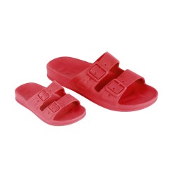 sandale rio de janeiro cacatoès de couleur rouge vue de trois quart adulte et enfant