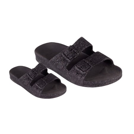 sandales cacatoès noires à paillettes vue de trois quart adulte et enfant