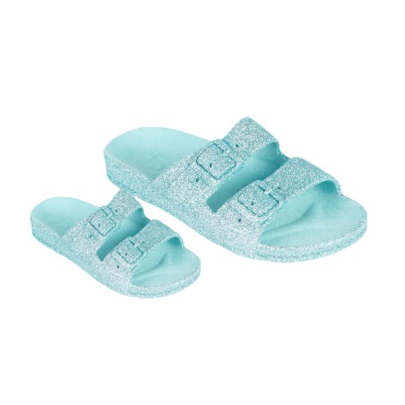 sandales bleu ciel à paillettes cacatoès vue de trois quart adulte et enfant