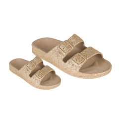 sandale dorée à paillettes cacatoès vue de trois quart adulte et enfant