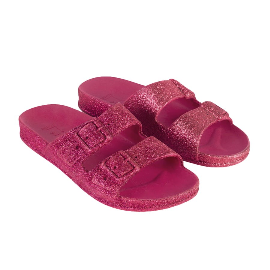 sandale rose à pailletes cacatoès vue de trois quart