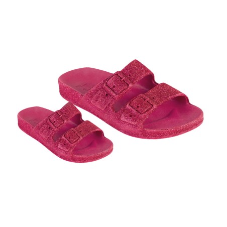 sandale rose à pailletes cacatoès vue de trois quart femme et enfant