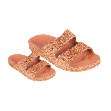 sandale orange à paillettes vue de trois quart adulte et enfant