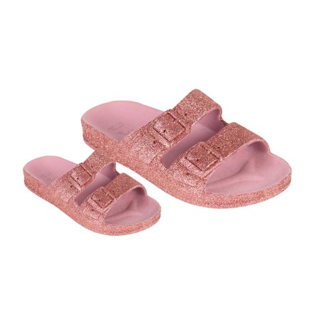 sandale rose à paillettes vue de trois quart femme et enfant
