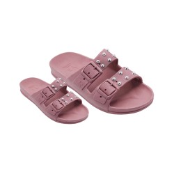 sandale rose pastel à clous vue de trois quart femme et enfant